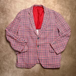 Vintage 70s Handmade Blazer Suit Jacket Houndstooth Checkered Red White Blue Mod